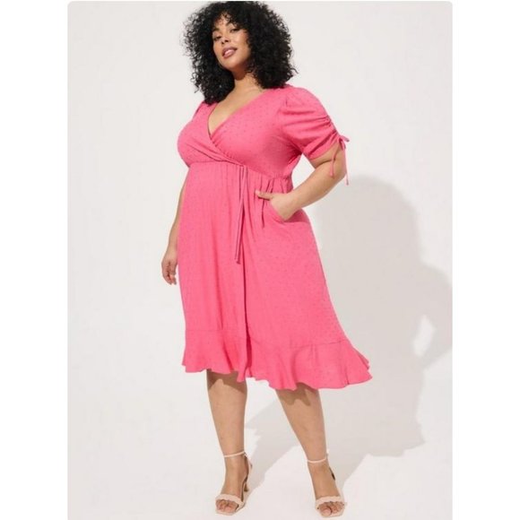 Torrid Swiss Dot Surplice Faux Wrap Midi Dress Plus Size 2X Pink - Picture 1 of 11